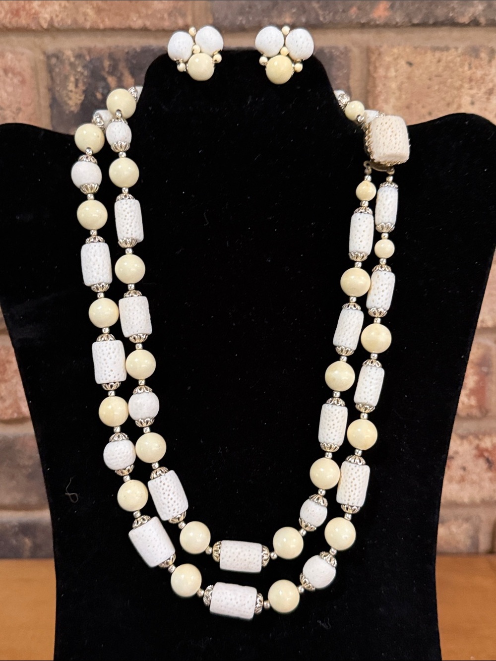 Japan Vintage Mid Century Bone and Beaded necklace and earring set